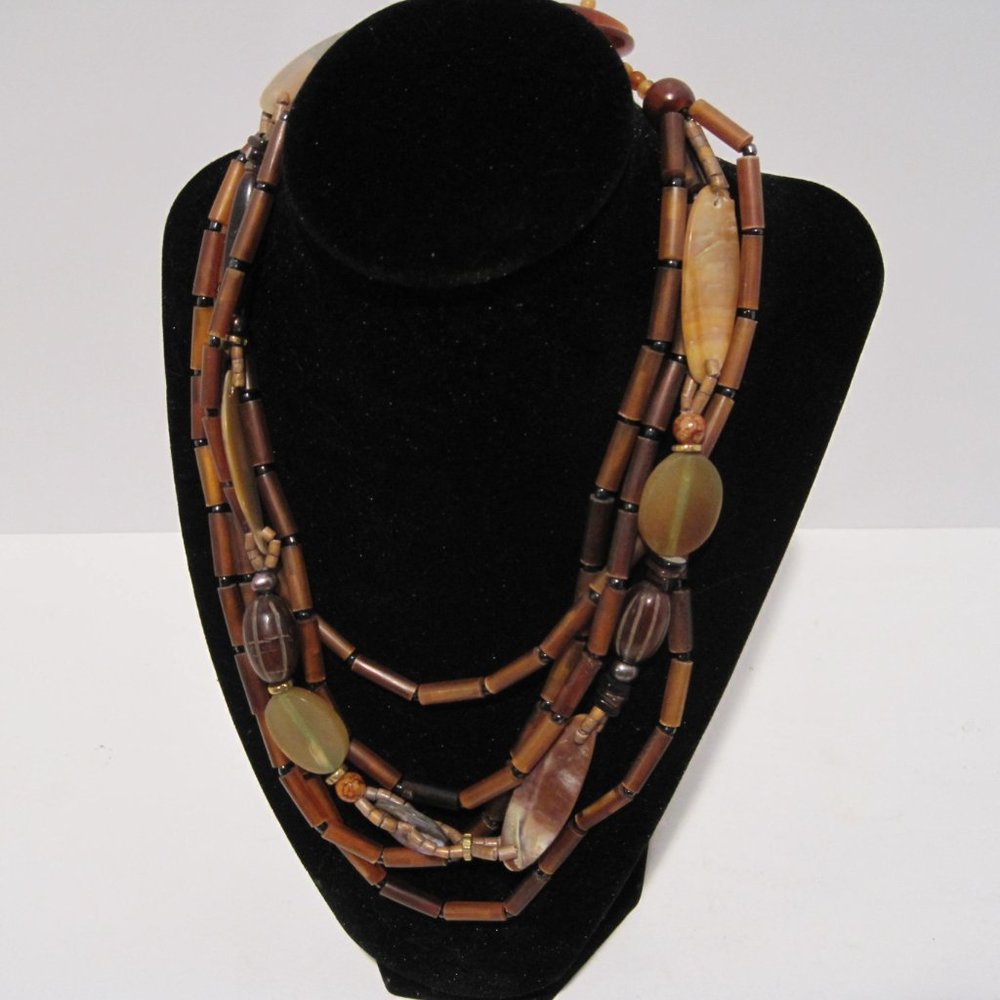 Beaded Layered Necklace Brown Imitation Buttons Shells Boho Boutique Accessory
